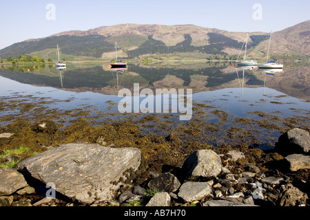 Festgemachten Jachten spiegelt sich in Loch am frühen Morgen Loch Leven Schottland Stockfoto