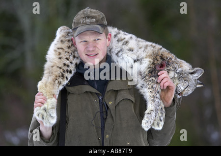 nördlichen Luchs (Lynx Lynx Lynx), tot Luchs erfolgt durch einen Jäger, Norwegen, Nord-Tröndelag Stockfoto