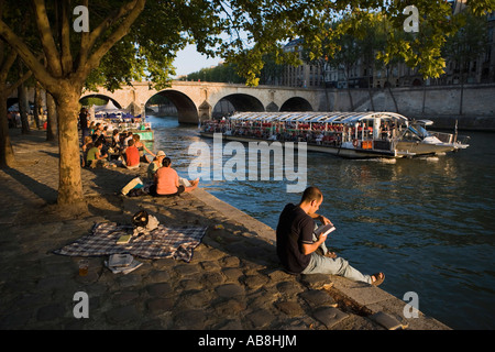 Lesen, Paris Plage, Pont Marie, Seine, Paris, Frankreich Stockfoto