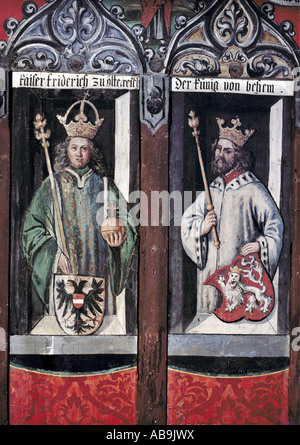 Bildende Kunst, Fresken, Kaiser Friedrich III. ein König Georg Podiebrad von Böhmen, Gemälde von Peter von Kaltenhoff, 1467, Guild Hall, Weber Haus in Augsburg, Bayerisches Nationalmuseum, München,, Artist's Urheberrecht nicht gelöscht werden Stockfoto