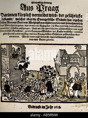 Ereignisse, Der Dreißigjährige Krieg 1618 - 1648, zweite Bewehrung von Prag, 23.5.1618, Farbholzschnitt, "Wahlhafte Zeitung", 1618, Privatsammlung, Stockfoto