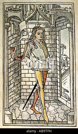 Mandeville, Jehan de, ca. 1300 - 1372, französischer Autor/Schriftsteller, in voller Länge, Holzschnitt zu seinem Buch "Die Reisen von Sir John Mandeville", ca. 1322 - 1356, Inkunabulum, gedruckt von A. Sorg, Augsburg, 1481, Privatsammlung, Stockfoto