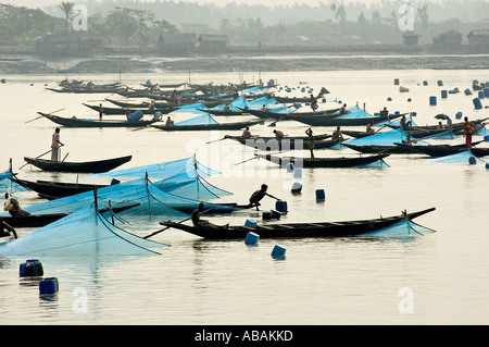 Angelboote/Fischerboote richten Sie ihre Garnelen Larven (BRJ) Netze in Shibsha Fluss, Bangladesch. Stockfoto