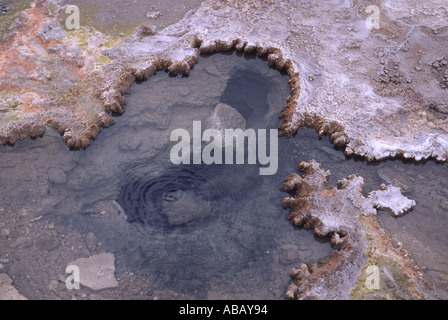 Ein Blick in das klare, kochend heißes Wasser von einer geothermischen Quelle am Tatio Geysire in Chiles Atacama-Wüste. Stockfoto