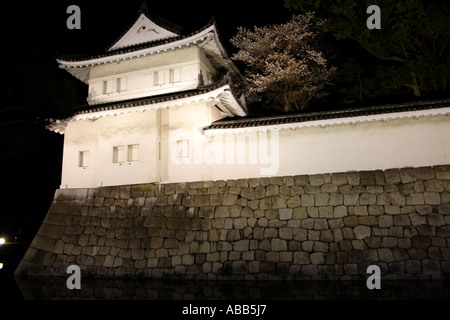 Nijo Burg Turm und Mauern in der Nacht während der Kirschblüte, Kyoto, Japan Stockfoto