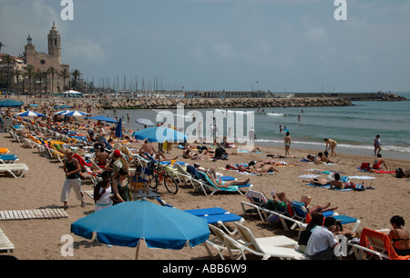 Blick auf Strand Platja De La Ribera Sitges-Costa Brava-Spanien-Europa Stockfoto