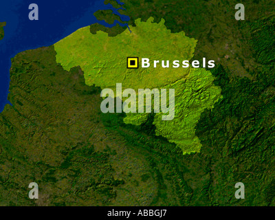Satellitenbild von Belgien mit Brüssel hervorgehoben Stockfoto