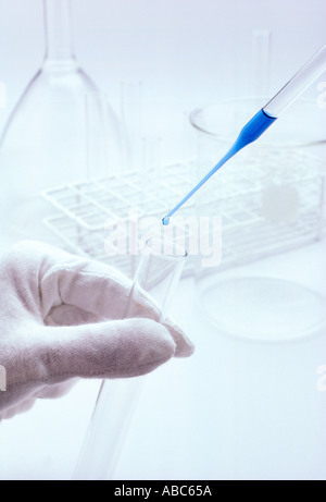 Labor - behandschuhten Hand Pipettieren eine blaue Flüssigkeit in ein Reagenzglas. Rack mit Reagenzgläsern, Becher, volumetrische, Kolben sind auch gesehen. Stockfoto