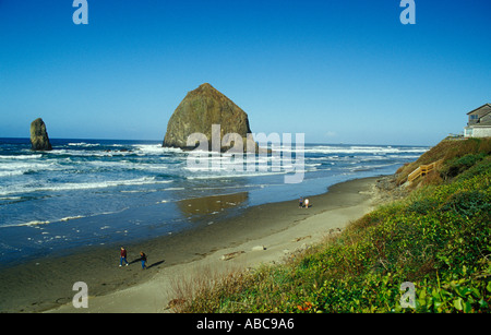 Oregon Cannon Beach Haystack Rock Privathäuser mit Blick auf Strand Stockfoto