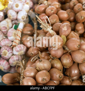 Zwiebel und Knoblauch am Marktstand Stockfoto