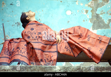 SSA70206 junge Frau Shiali tragen Sari teilweise auf der Suche nach oben hinlegen Stockfoto