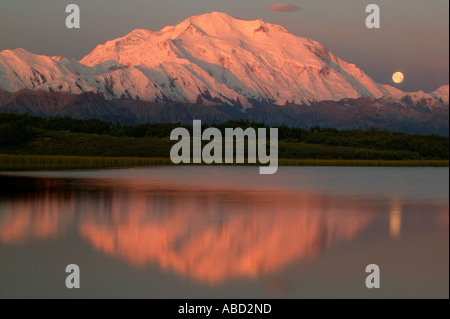 Der Vollmond und Mt McKinley von Reflection Pond Denali Nationalpark, Alaska Stockfoto