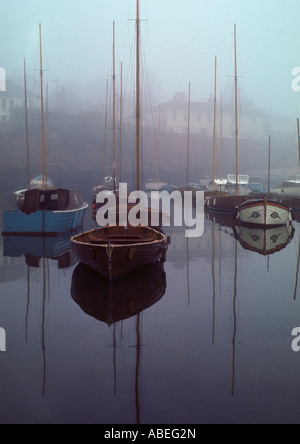 Angelboote/Fischerboote im Hafen am nebligen Tag gefesselt Stockfoto