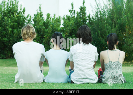 Vier junge Freunde sitzen auf dem Rasen, nebeneinander, Rückansicht Stockfoto