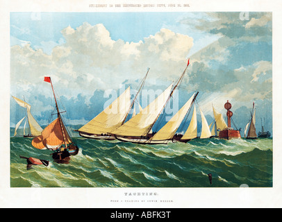 Yachting 1860 Druck von einer viktorianischen Regatta Segeln vielleicht im Solent mit einem Raddampfer im Hintergrund Stockfoto