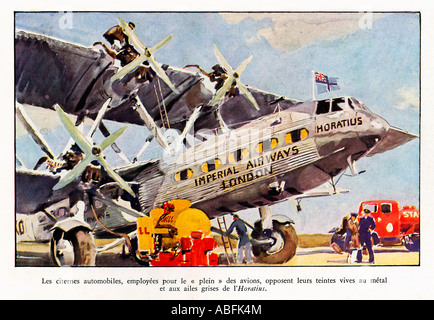 Imperial Airways Cocles 1934 französische Zeitschrift Abbildung des Handley Page Airliner wird betankt Stockfoto