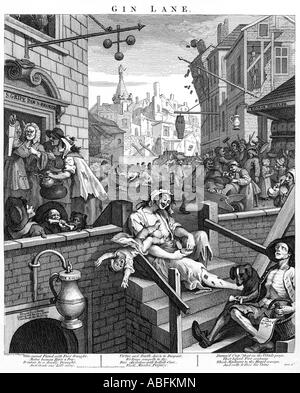 Gin Lane William Hogarth 3. Staat der 1751 Gravur zeigt, dass die ungerechten Auswirkungen des 18. Jahrhunderts London Gin craze Stockfoto