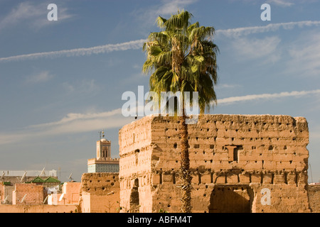 Jet-Flugzeugen con Wanderwege auf Resten von Palais el Badi Turm und palm-Marokko Stockfoto