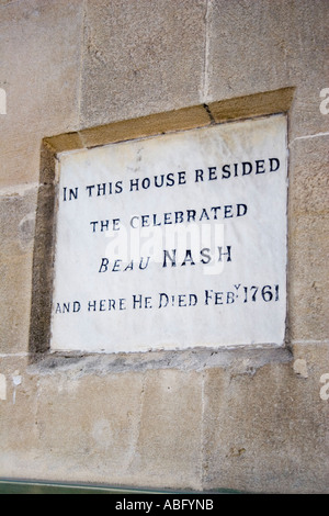 Gedenktafel auf dem ehemaligen Hause Beau Nash, Bath Spa, Somerset, England, Europa. Stockfoto