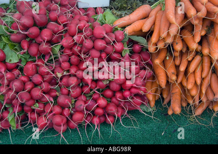 Trauben von Hackfrucht Rettich und Möhren zu verkaufen. Stockfoto