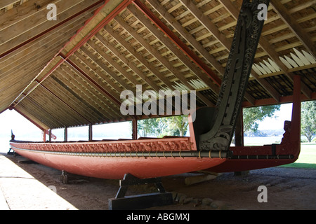 WAITANGI NORTH ISLAND NEUSEELAND kann Maori Krieg Kanu Ngatokimatawhaorua in der Waka Haus in Waitangi Treaty Grounds im Rahmen der 100. Stockfoto