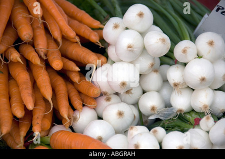 Wurzel-Ernten von Möhren und Zwiebeln Perle zum Verkauf. Stockfoto