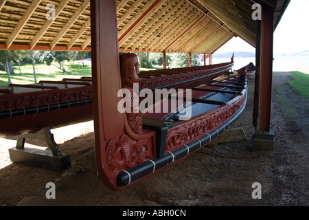 WAITANGI NORTH ISLAND NEUSEELAND kann Maori Krieg Kanu Ngatokimatawhaorua in der Waka Haus in Waitangi Treaty Grounds startet als Teil der 100. Stockfoto