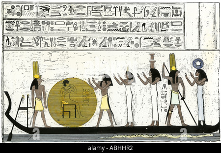 Sonnengott Ra Einschiffen für seine täglichen Reise durch das alte Ägypten. Hand - farbige Holzschnitt Stockfoto