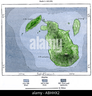 Krakatoa und umliegenden Inselchen vor dem Vulkanausbruch von 1883. Hand - farbige Holzschnitt Stockfoto