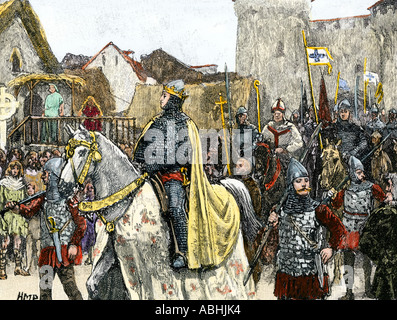 Wilhelm der Eroberer und seine Armee London im Triumph nach der normannischen Invasion 1066. Hand - farbige Holzschnitt Stockfoto