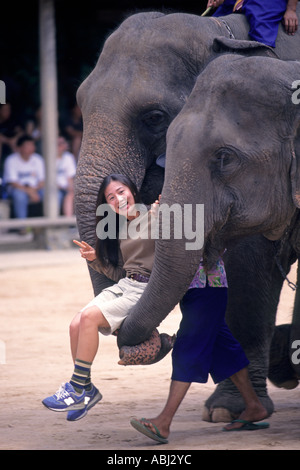 Touristen, die von Elefanten, Nong Nooch, Thailand durchgeführt Stockfoto