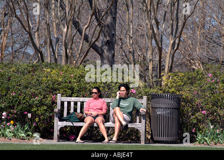 Leute sitzen auf einer Holzbank in einem Park in Dallas Stockfoto