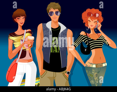 Mann und zwei Frauen stehen Stockfoto