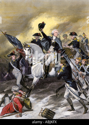 General Washington führenden die Amerikaner in der Schlacht von Princeton, New Jersey 1777. Handcolorierte Stahlstich Stockfoto