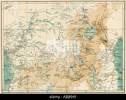 Karte von Äquatorial Afrika wie in den 1870er Jahren bekannt. Farblithographie Stockfoto