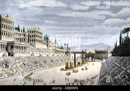 Publikum jubelt Wagenlenker Rennen in den Circus Maximus des antiken Roms. Hand - farbige Holzschnitt Stockfoto