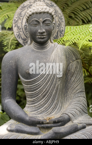 Steinstatue des Buddha, der in Bodhgaya unter dem Bodhi-Baum meditiert, um Erleuchtung zu erlangen. Stockfoto
