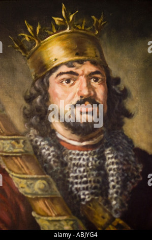 Porträt des polnischen Königs Leszek Czarny (1241-1288). Historisches Ölgemälde des mittelalterlichen Herrschers in Kronen- und Kettenpanzer. Stockfoto