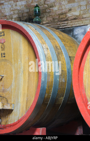 Französische Eiche Barrique oder Schatzen, die früher Chainti reifen. Weinfässer in der Toskana Italien. Italienische Eiche, Keller, Weingut, Fass, Weinberg, Fasscontainer. Stockfoto