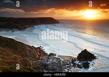 Drei Klippen Bucht am Sunset Gower South Wales UK Stockfoto