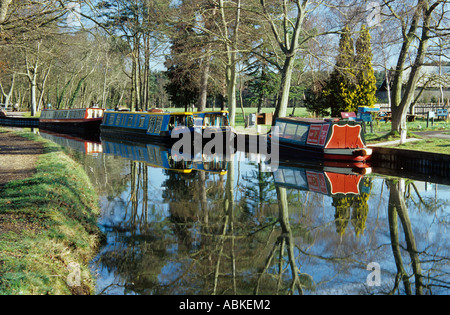 Farbigen schmale Boote vertäut am Basingstoke Canal spiegelt sich in ruhigem Wasser. Mytchett Surrey Stockfoto