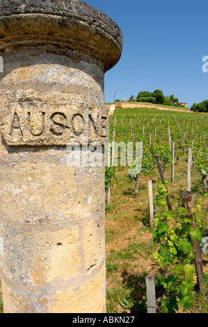 Ein Stein Tor Säule mit Ausone im Weinberg von Château Ausone Saint Emilion Bordeaux Gironde Aquitaine Frankreich geschnitzt Stockfoto