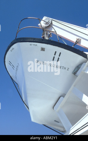 Die historische Trans Atlantic Kreuzfahrt Schiff Queen Elizabeth II Rettungsboot auf Boot, Stockfoto