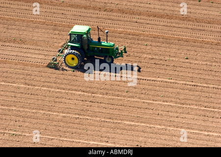 Luftaufnahme eines Bauern an einem Traktor Frühling Bodenbearbeitung ein Feld im Canyon County Idaho Stockfoto