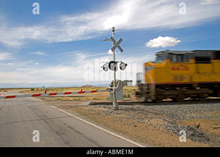 Union Pacific-Lokomotive an einem Bahnübergang in der Nähe von Mountain Home Idaho Stockfoto