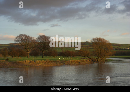 horizontale Landschaftsfoto von Fluß Lune in Lancashire in einem Tal mit dem Hügel Caton Moor im Hintergrund auf w Stockfoto