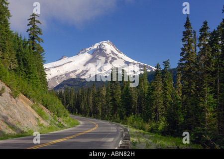 Straße durch Wald und Mount Hood, Oregon, USA Stockfoto