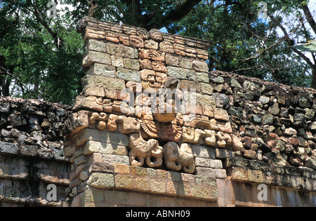 Honduras Copan Ruinas Maya-Ruinen Ballspielplatz mit Papagei Kopf des hellroten Aras, jetzt der nationale Vogel von Honduras Stockfoto