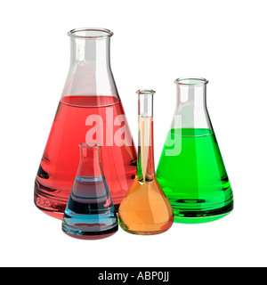 Verschiedenen Labor Fläschchen mit bunten Lösungen Stockfoto