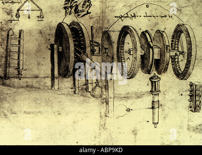 Zahnräder und mechanische Geräte, die von Leonardo da Vinci skizzierte Stockfoto